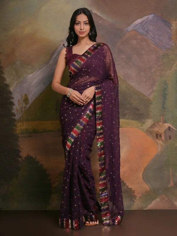Women's Georgette Purple Embellished Designer Saree With Blouse Piece Off-Shoulder Wrap Blouse Women's Georgette Purple Embellished Designer Saree With Blouse Piece Off-Shoulder Wrap Blouse