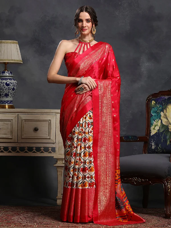 Women's Dola Silk Red Printed Designer Saree With Blouse Piece Playful Puff Blouse