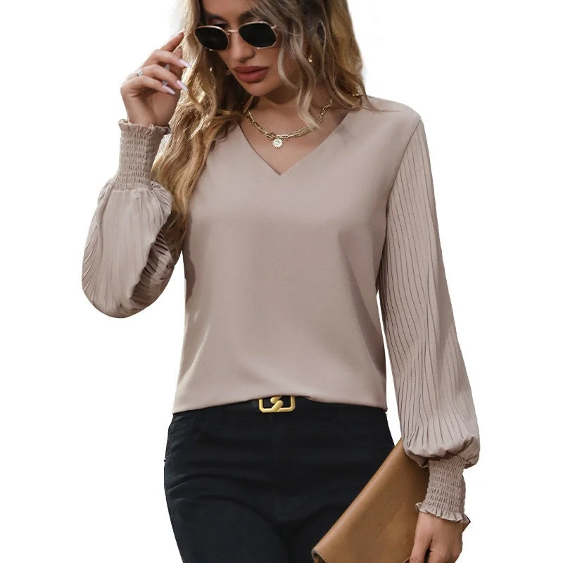 V-neck Solid Color Long Sleeve Puff Sleeve Blouse (3 colors) Cotton Casual Blouse