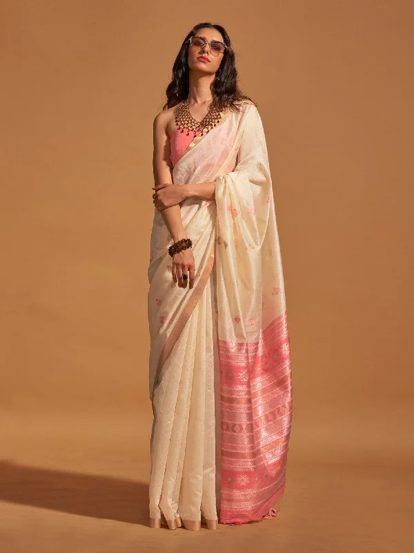 Women's Silk Blend Off White Woven Design Designer Saree With Blouse Piece Silky Tunic Blouse Women's Silk Blend Off White Woven Design Designer Saree With Blouse Piece Silky Tunic Blouse