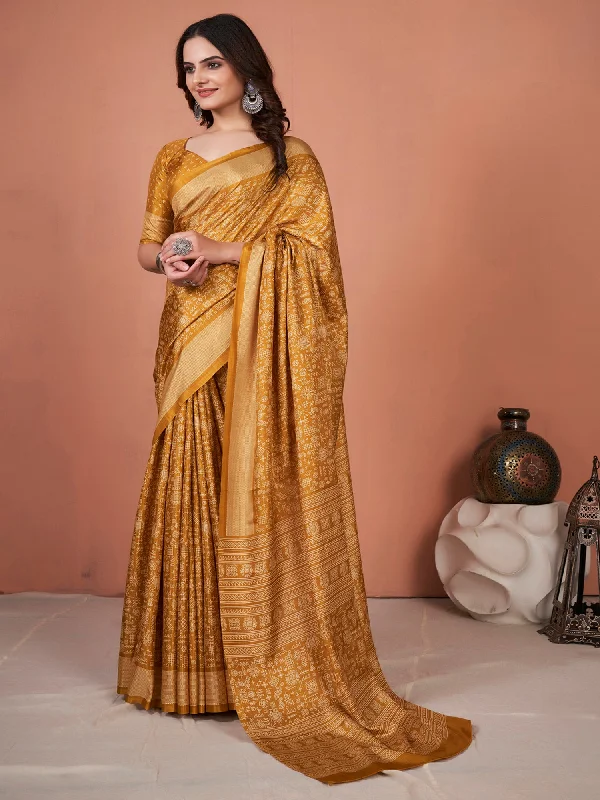 Women's Dola Silk Mustard Printed Designer Saree With Blouse Piece Frilled Cuff Blouse Women's Dola Silk Mustard Printed Designer Saree With Blouse Piece Frilled Cuff Blouse