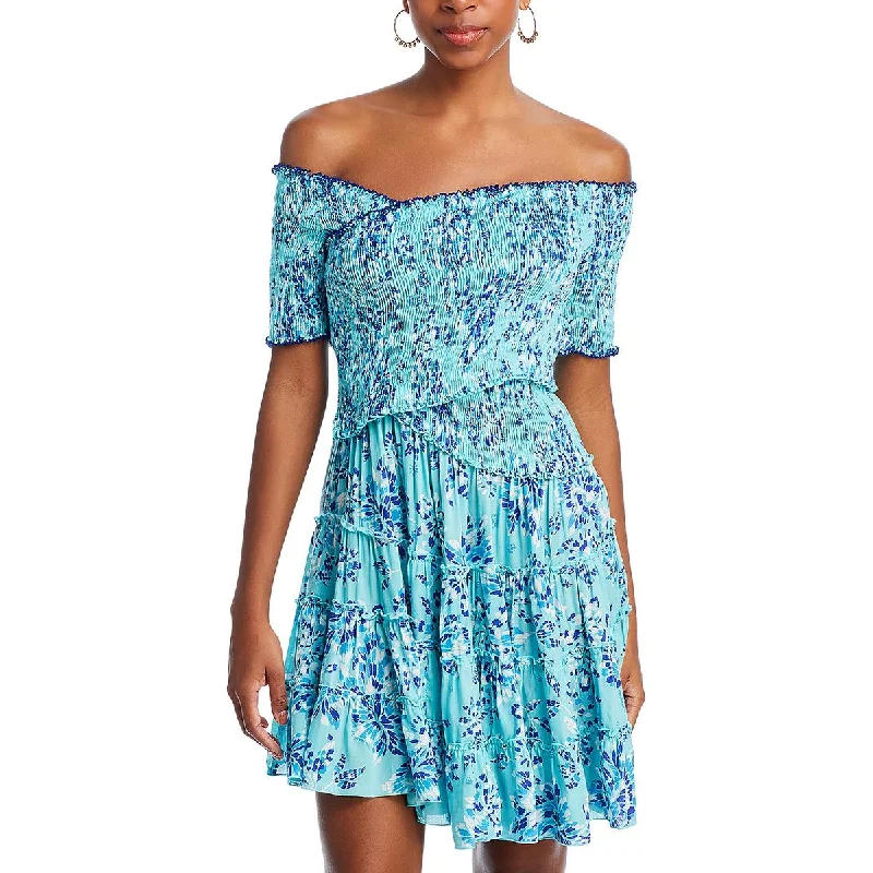 Womens Floral Smocked Mini Dress Elegant Velvet Mini Dress