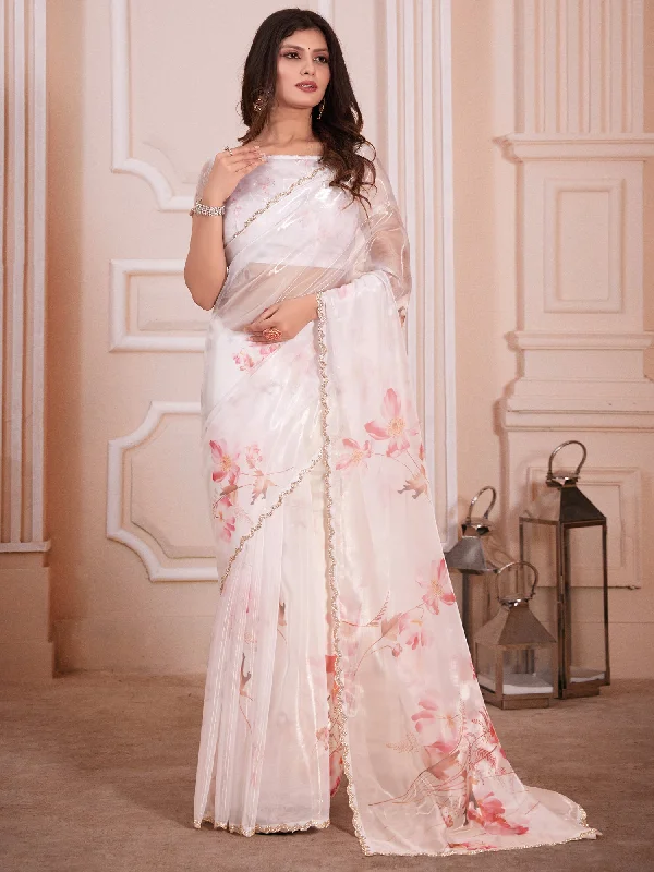 Women's Organza White Digital Print Designer Saree With Blouse Piece Soft Modal Blouse Women's Organza White Digital Print Designer Saree With Blouse Piece Soft Modal Blouse