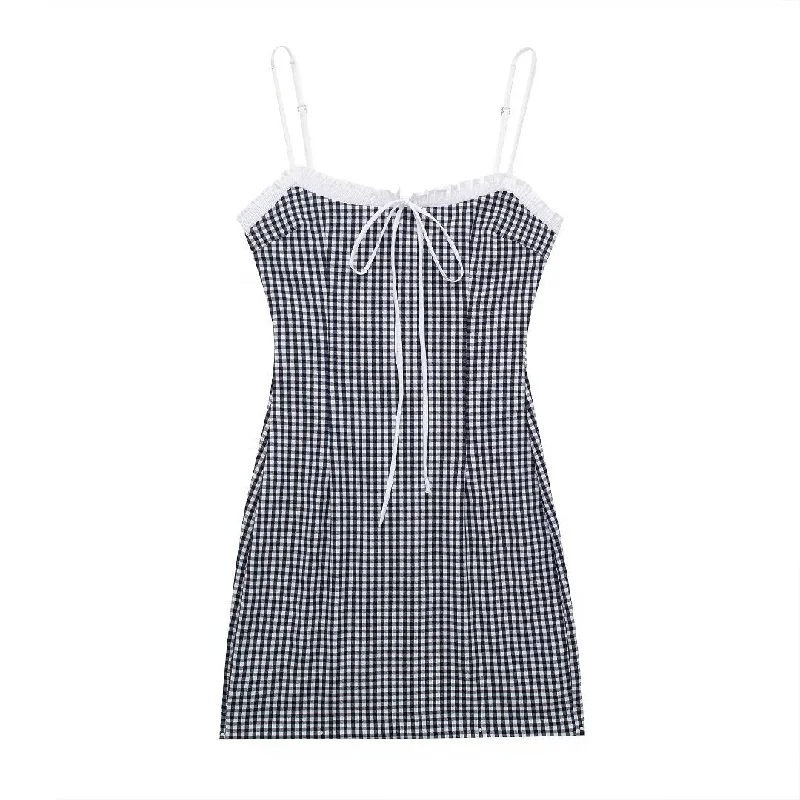 Spaghetti Strap Gingham Mini Dress Comfortable One-Shoulder Mini Dress