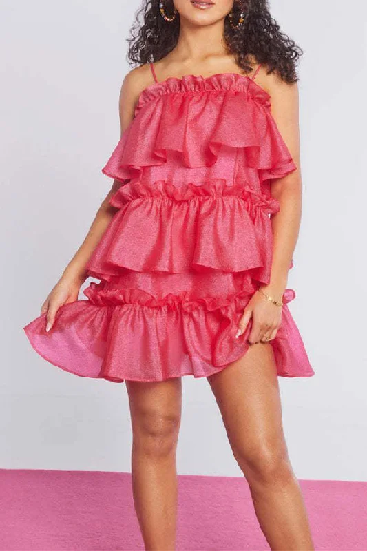 storexq Solid Color Pretty Tiered Ruffle Mini Dress Elegant Satin Mini Dress