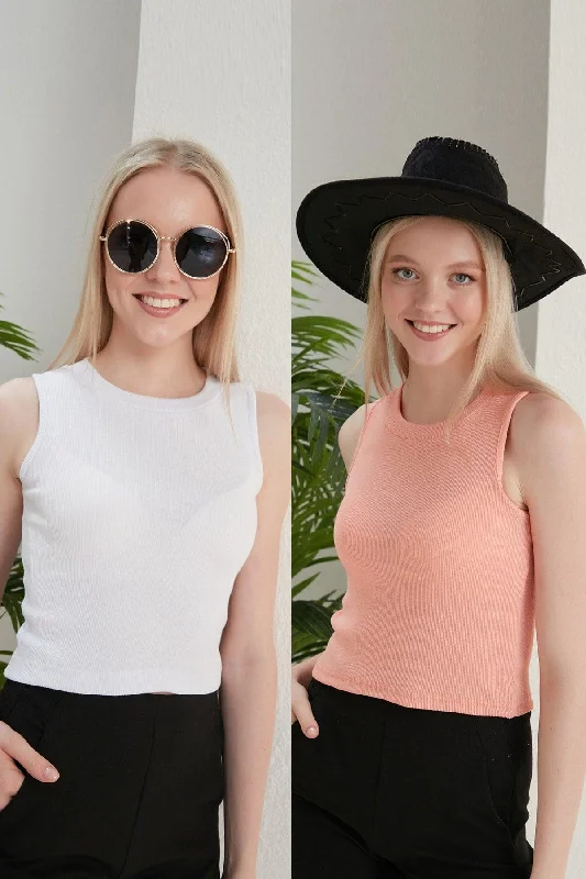 Women's White Salmon Halter Collar 2 Piece Crop Blouse Oversized Silk Blouse
