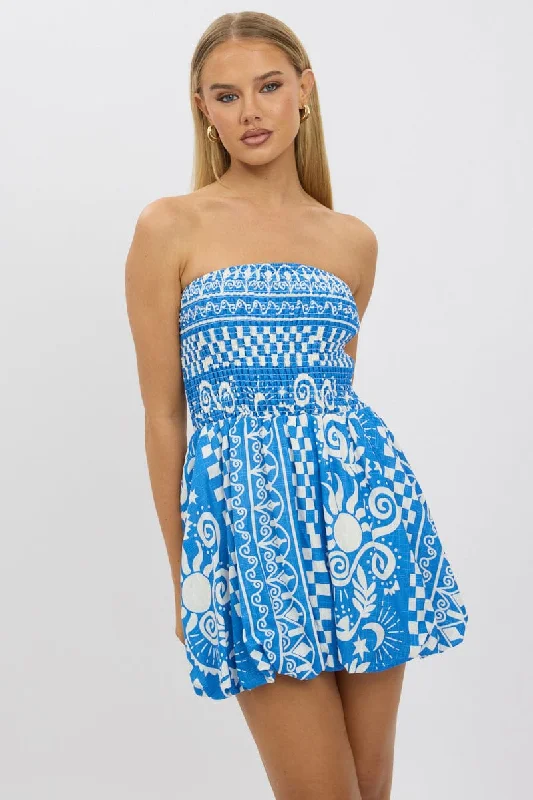 Blue Abstract Balloon Mini Dress Strapless Casual High-Waist Mini Dress