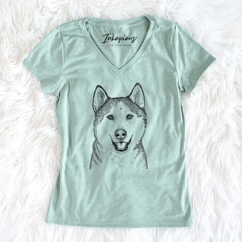 Bare Nika the Siberian Husky - Women's V-neck Shirt-- Embroidered Appliqued Beaded