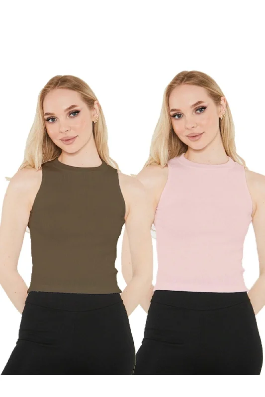 Women's Powder Khaki Halter Neck Corduroy 2-Pack Crop Blouse Modern Oversized Blouse