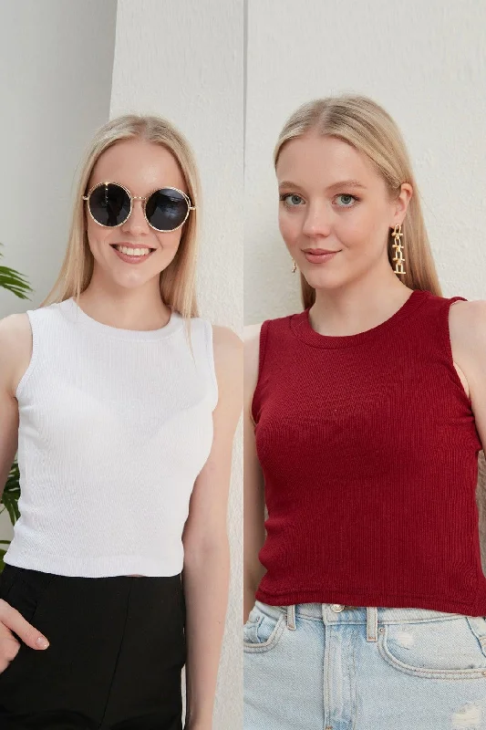 Women's Burgundy White Halter Collar 2 Piece Crop Blouse Silky Draped Blouse