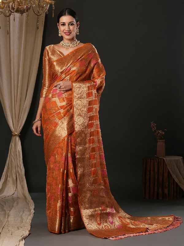 Women's Organza Orange Woven Design Designer Saree With Blouse Piece Smart Casual Blouse Women's Organza Orange Woven Design Designer Saree With Blouse Piece Smart Casual Blouse