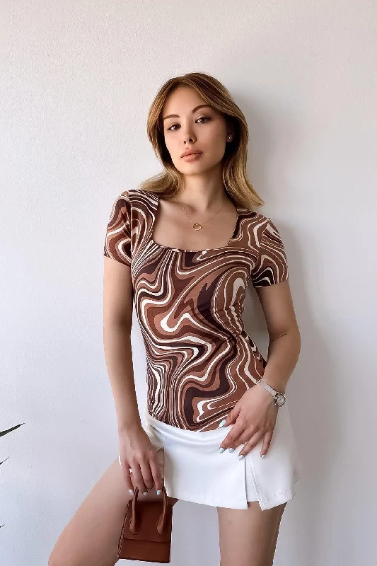 Women's Short Sleeve Square Collar Brown Cream Viscose Blouse Satin Drape Blouse