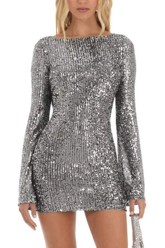 SILVER GLAM MINI DRESS Chic Puff Sleeve Mini Dress