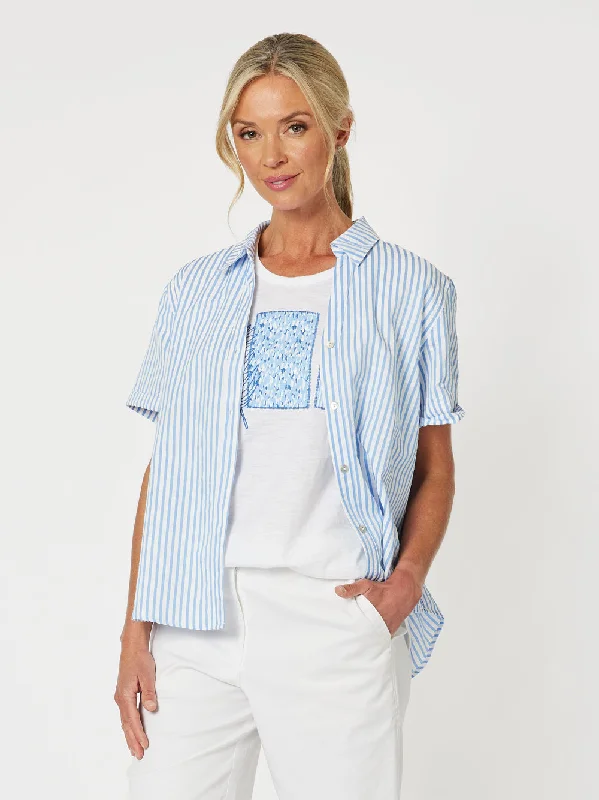 Charlie Stripe Shirt - Blue-- Collared Crew Neck Turtle Neck