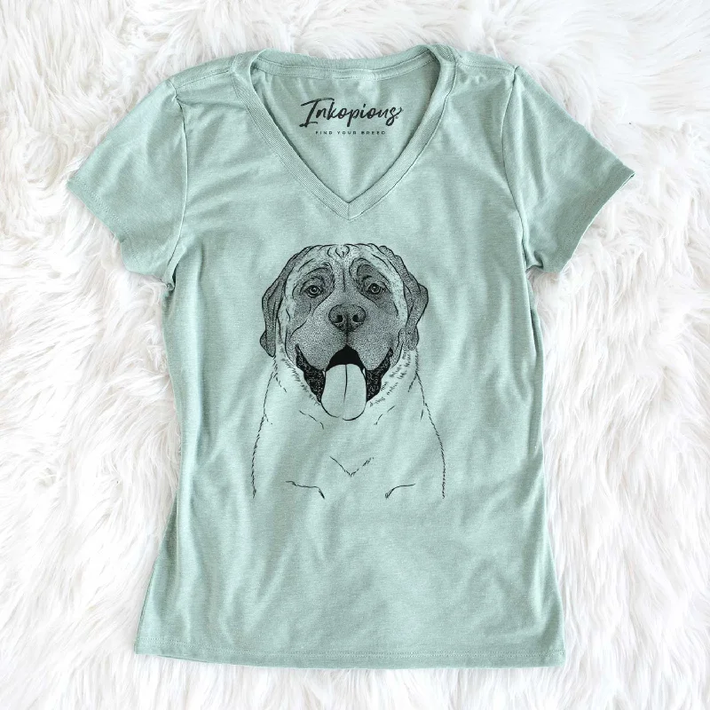 Bare Remmie the English Mastiff - Women's V-neck Shirt-- Chenille Fabric Brocade Fabric Lace Fabric Bare Remmie the English Mastiff - Women's V-neck Shirt-- Chenille Fabric Brocade Fabric Lace Fabric