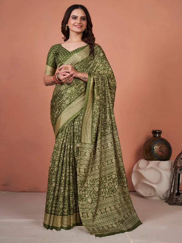 Women's Dola Silk Olive Printed Designer Saree With Blouse Piece Casual Relaxed Blouse Women's Dola Silk Olive Printed Designer Saree With Blouse Piece Casual Relaxed Blouse