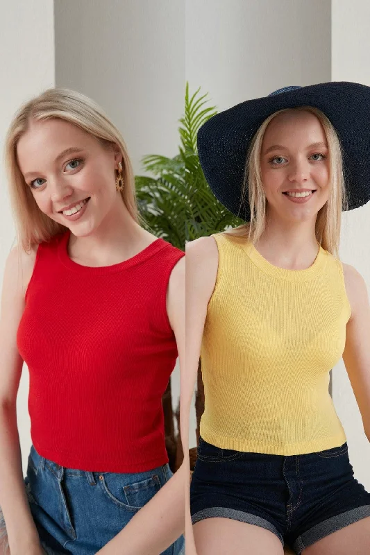 Women's Red Yellow Halter Neck 2 Piece Crop Blouse Office Formal Blouse