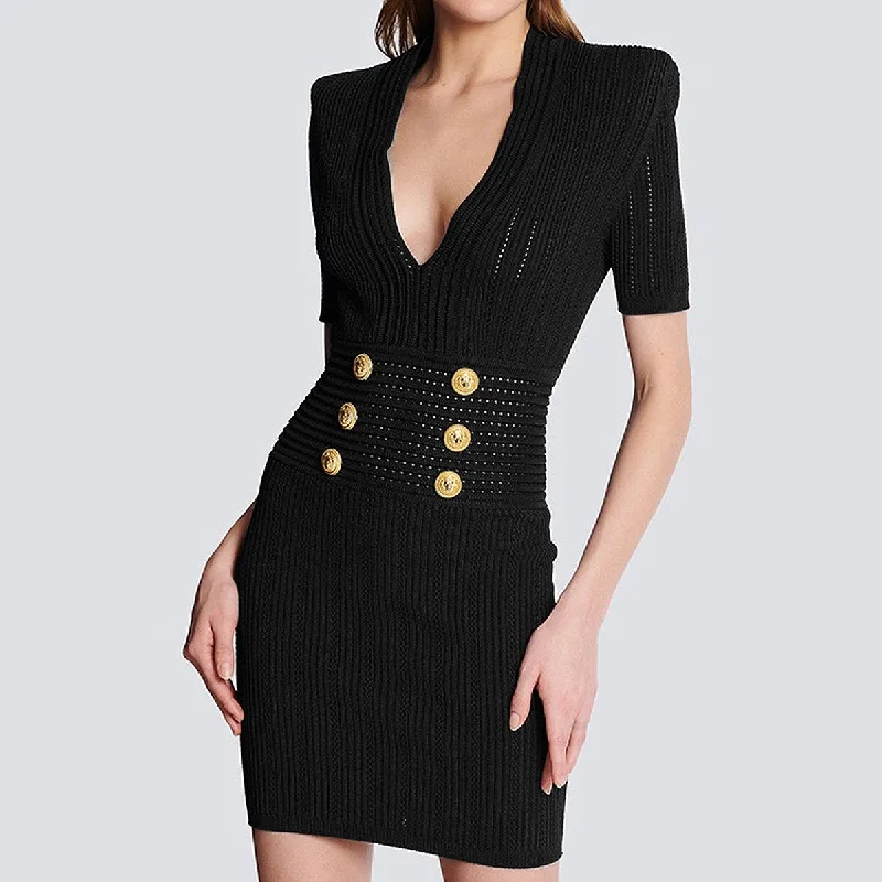 Maisie V-Neck Knit Mini Dress Elegant Mini Dress with Ruffles