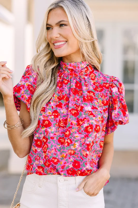 Can't Let You Go Fuchsia Pink Ditsy Floral Blouse Mandarin Collar Blouse
