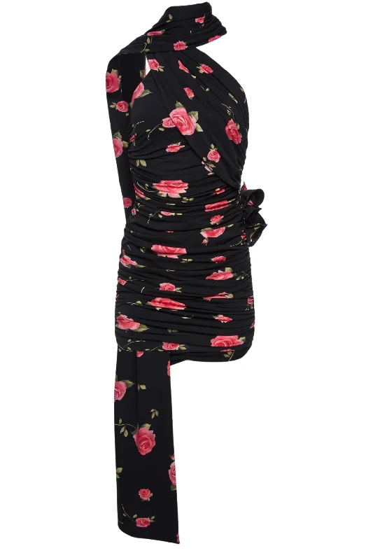 Wrap Neck Mini Dress | Black Print Elegant Floral-Print Mini Dress