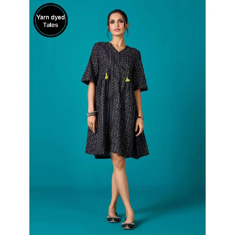 Likha Black Kora Cotton Yarn Dye Mini Dress Comfortable Shift Mini Dress