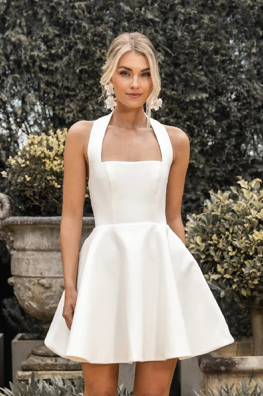 BELLE Halter Neck Flared Mini Dress - White Fashionable Mini Dress with Frills