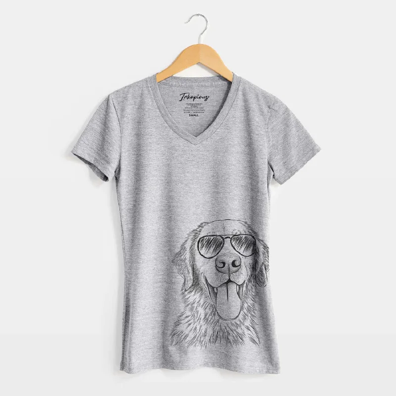 Aviator Oliver Tredup the Golden Retriever - Women's V-neck Shirt-- Denim Fabric Leather Fabric Suede Fabric Aviator Oliver Tredup the Golden Retriever - Women's V-neck Shirt-- Denim Fabric Leather Fabric Suede Fabric