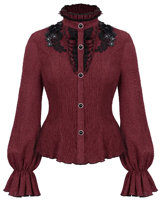 Devil Fashion Womens Gothic Floral Applique Blouse Top - Red & Black Semi-Sheer Blouse Devil Fashion Womens Gothic Floral Applique Blouse Top - Red & Black Semi-Sheer Blouse