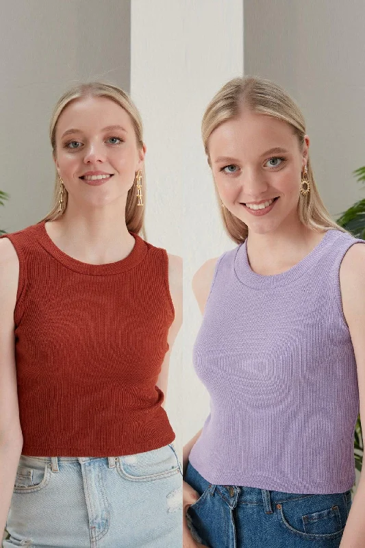 Women's Tile Lilac Halter Neck 2 Piece Crop Blouse Casual Button Blouse