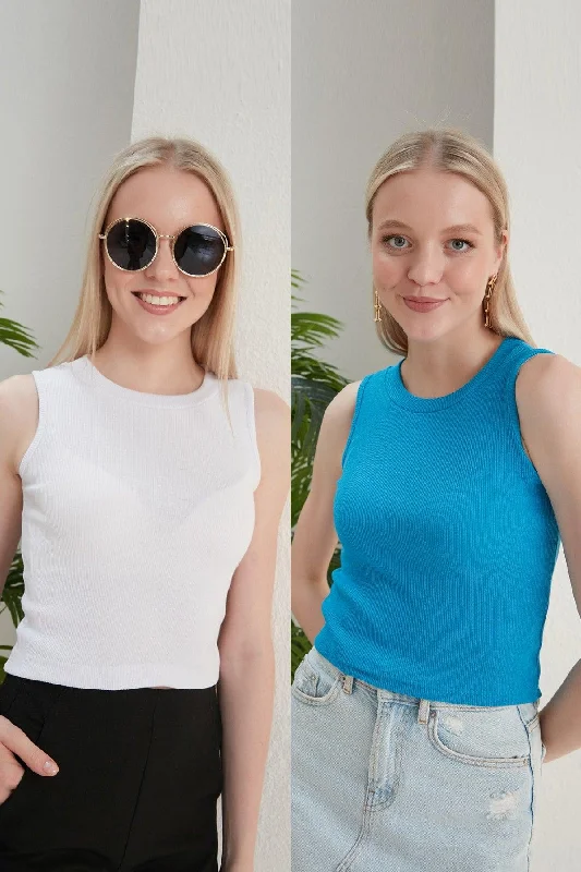 Women's White Blue Halter Neck 2 Piece Crop Blouse Collared Satin Blouse