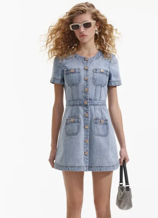 Denim Buttoned Mini Dress Light Blue - Self Portrait Classic White Mini Dress