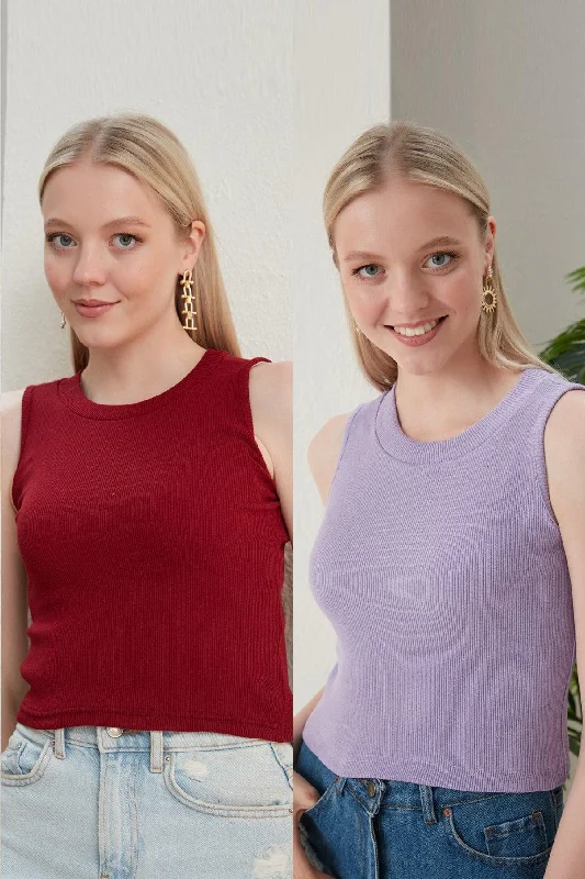 Women's Claret Red Lilac Halter Neck 2 Piece Crop Blouse Mandarin Collar Blouse