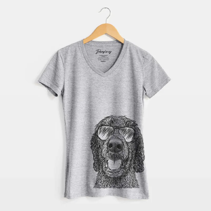 Aviator Obi James the Goldendoodle - Women's V-neck Shirt-- Fitted T-Shirt Seamless Stretchy Aviator Obi James the Goldendoodle - Women's V-neck Shirt-- Fitted T-Shirt Seamless Stretchy