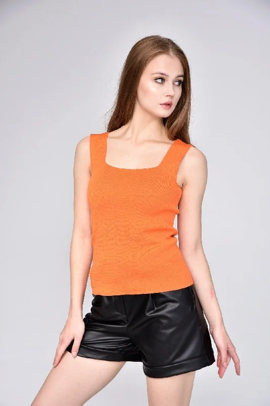 Women's Orange Thick Strap Square Collar Summer Athlete Knitwear Blouse Classic Striped Blouse Women's Orange Thick Strap Square Collar Summer Athlete Knitwear Blouse Classic Striped Blouse