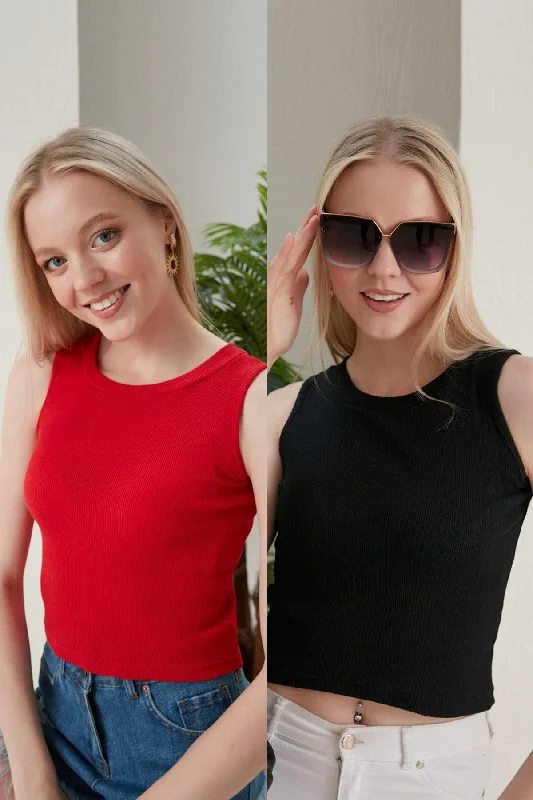 Women's Black Red Halter Neck Corduroy 2-Pack Crop Blouse Elegant Peplum Blouse