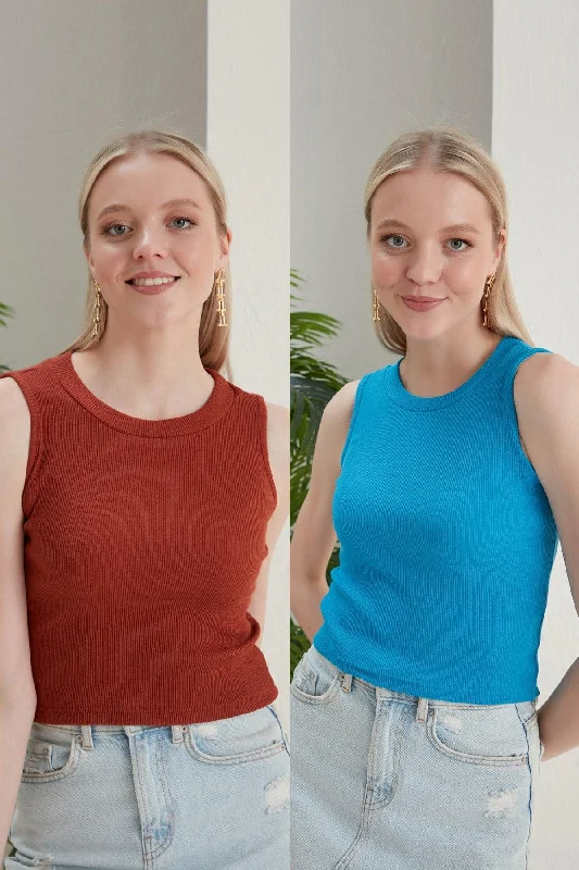 Women's Tile Blue Halter Neck 2 Piece Crop Blouse Textured Cotton Blouse