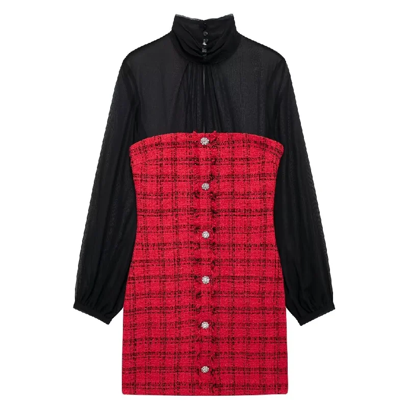 Sheer Sleeve and Plaid Patchwork Mini Dress Classic Shift Mini Dress