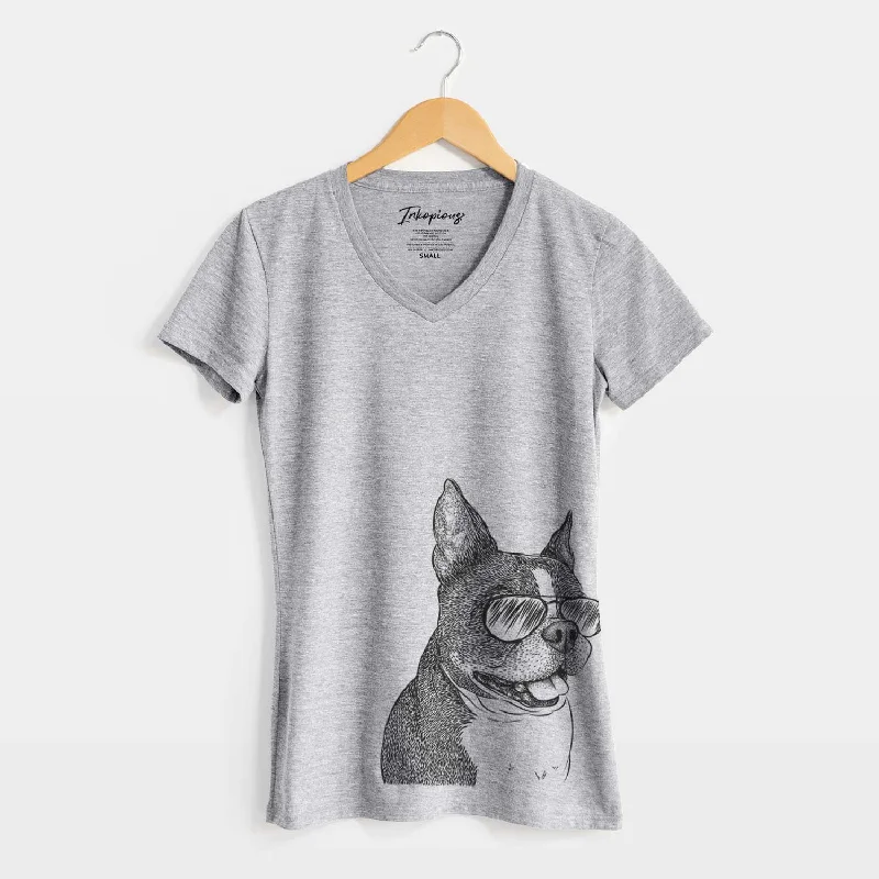 Aviator Ralphie the Boston Terrier - Women's V-neck Shirt-- Thin T-Shirt Open Front Quick Dry Aviator Ralphie the Boston Terrier - Women's V-neck Shirt-- Thin T-Shirt Open Front Quick Dry