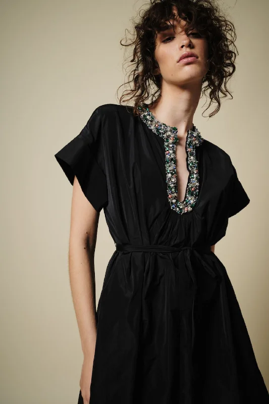 Diana Taffeta Mini Dress with Beaded Jewel Neckline, Black/Multi Chic Sleeveless Mini Dress Diana Taffeta Mini Dress with Beaded Jewel Neckline, Black/Multi Chic Sleeveless Mini Dress