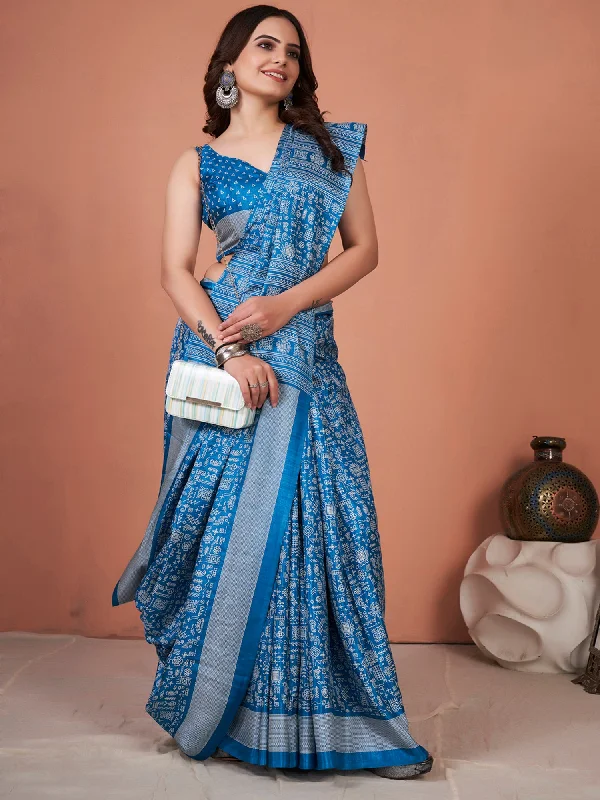 Women's Dola Silk Light Blue Printed Designer Saree With Blouse Piece Silky Draped Blouse Women's Dola Silk Light Blue Printed Designer Saree With Blouse Piece Silky Draped Blouse