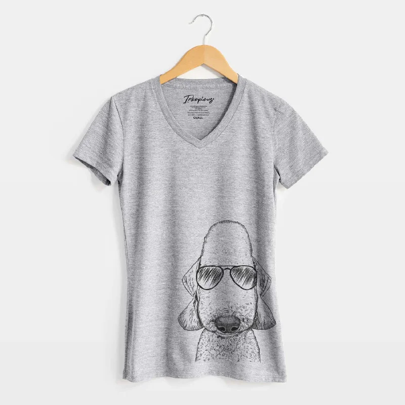 Aviator Remington the Bedlington Terrier - Women's V-neck Shirt-- Solid Print Embellished Aviator Remington the Bedlington Terrier - Women's V-neck Shirt-- Solid Print Embellished