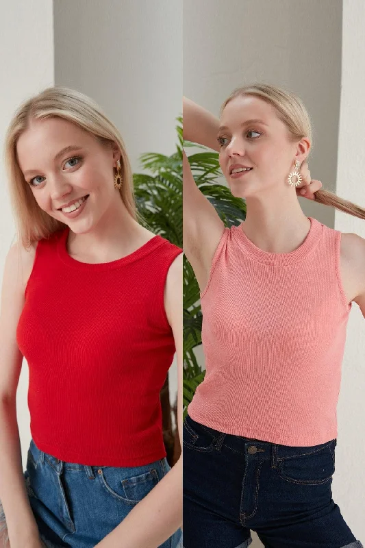 Women's Powder Red Halter Neck Corduroy 2-Pack Crop Blouse Elegant Office Blouse