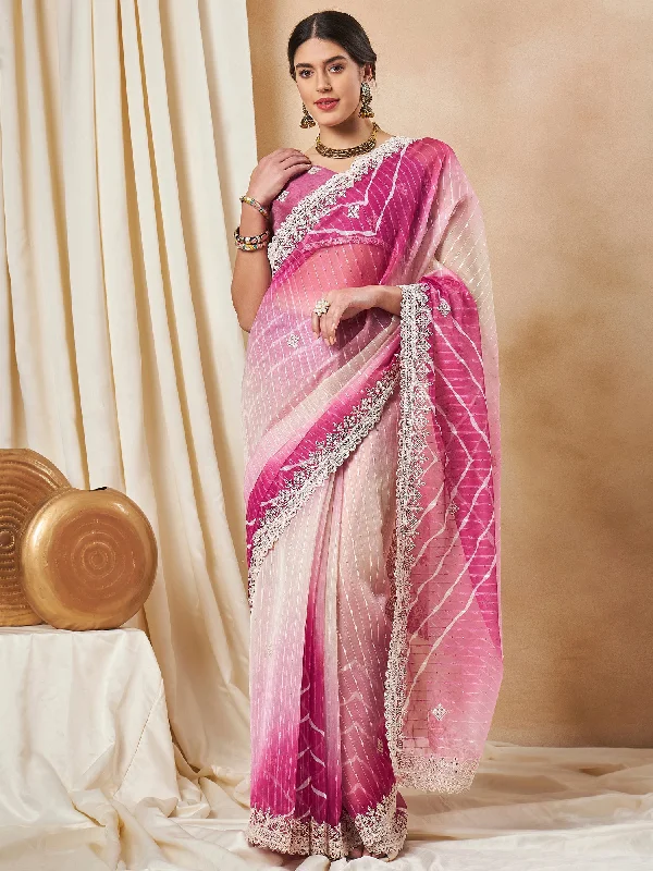 Women's Net Pink Embellished Designer Saree With Blouse Piece Pastel Color Blouse