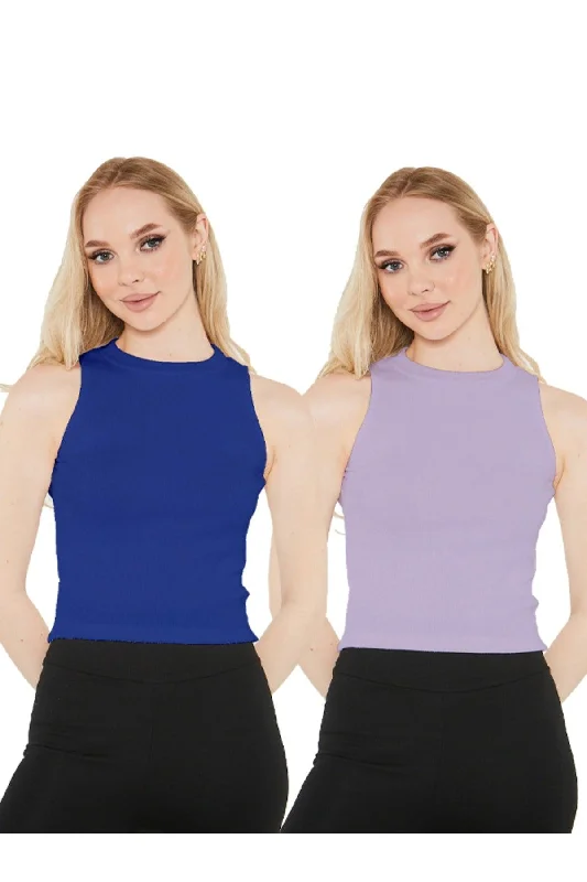Women's Sax Lilac Halter Neck 2 Piece Crop Blouse Side Tie Blouse