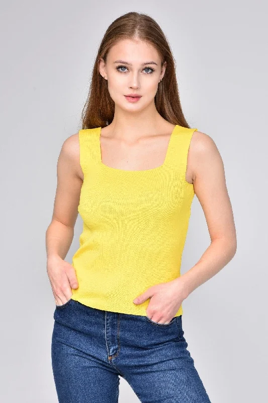 Women's Yellow Thick Strap Square Collar Summer Athlete Knitwear Blouse Chic Off-Shoulder Blouse Women's Yellow Thick Strap Square Collar Summer Athlete Knitwear Blouse Chic Off-Shoulder Blouse