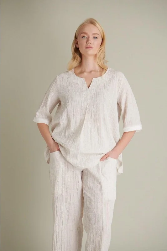 Women's A Pleated V-Neck Ecru Linen Blouse Double Button Blouse