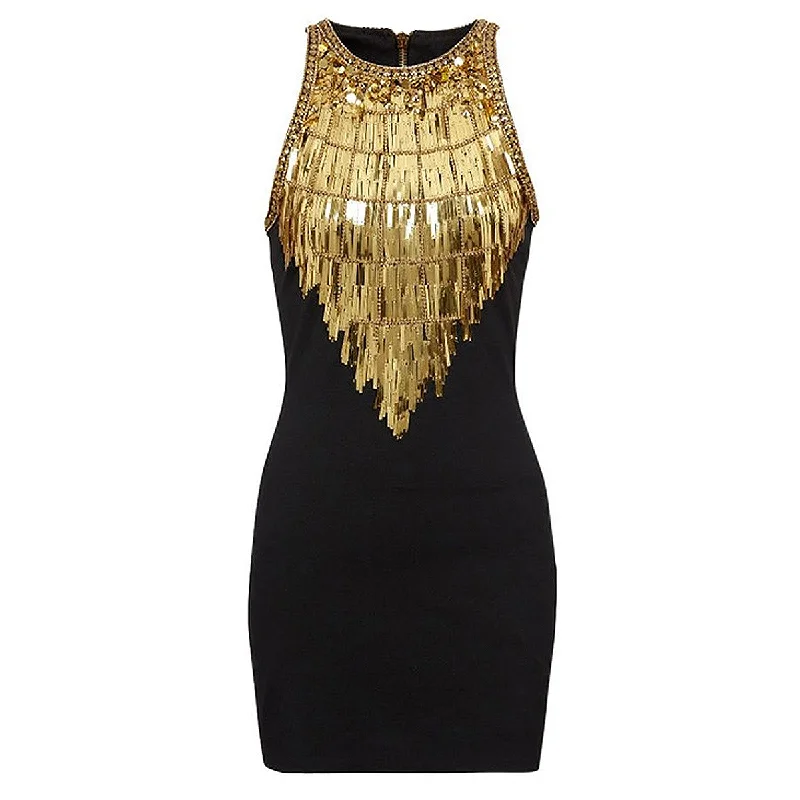 Gold Beaded Sleeveless Mini Dress Fashionable Boho-Chic Mini Dress