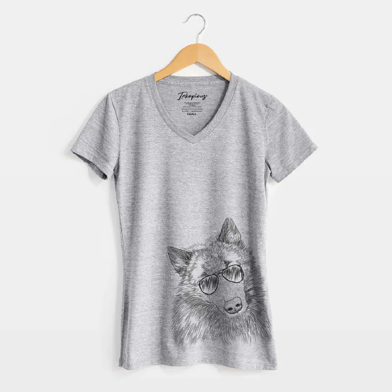 Aviator Mr. Maverick the Keeshond - Women's V-neck Shirt-- Rayon Velvet Corduroy