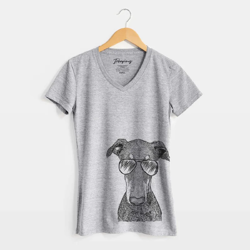 Aviator Princess Fiona the Doberman Pinscher - Women's V-neck Shirt-- Spandex Blend Rayon Blend Denim Blend Aviator Princess Fiona the Doberman Pinscher - Women's V-neck Shirt-- Spandex Blend Rayon Blend Denim Blend