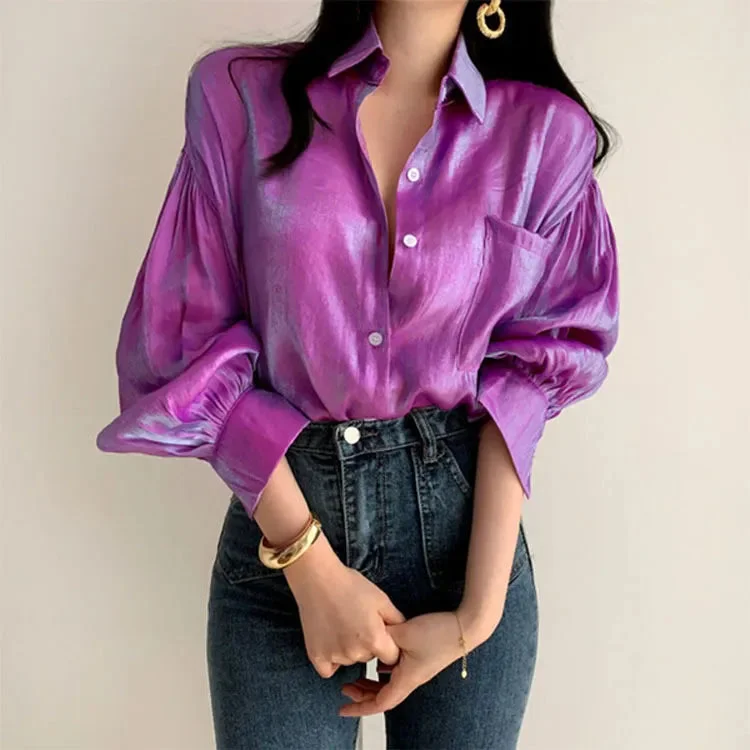 Gradient Color Puff Sleeve Blouse (Purple/Blue) Sheer Mesh Blouse